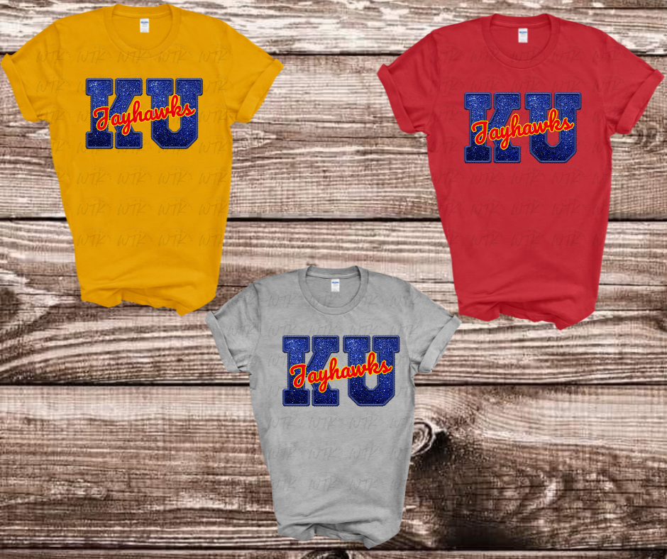 Faux Blue with Red Jayhawks Yellow Outline