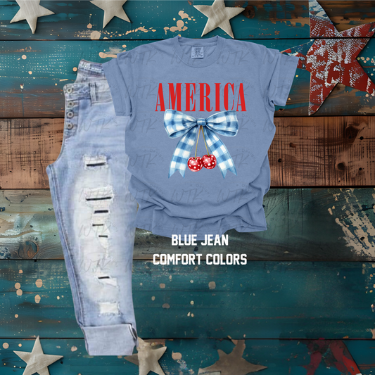 America Plaid Bow With Cherries CC Tee
