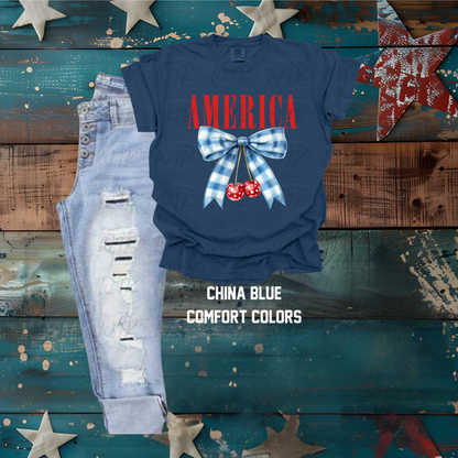 America Plaid Bow With Cherries CC Tee