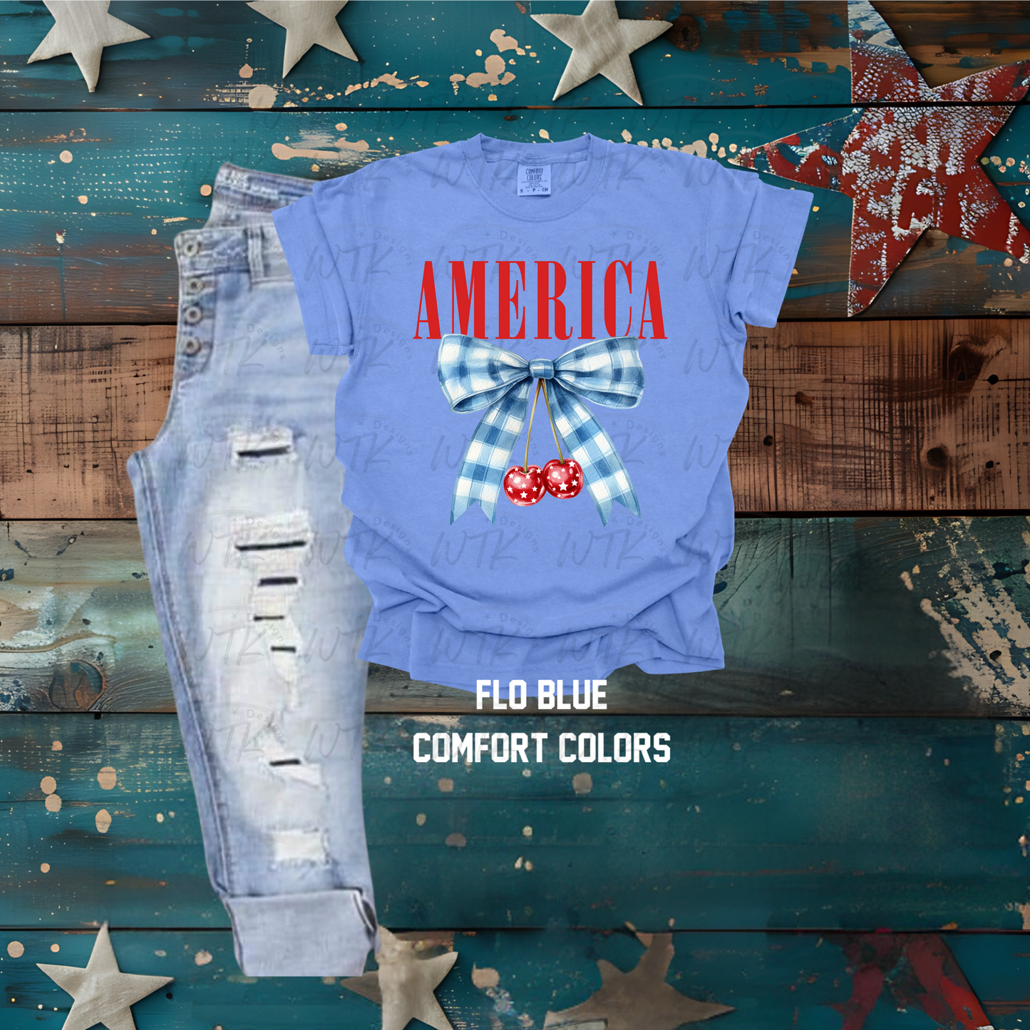 America Plaid Bow With Cherries CC Tee