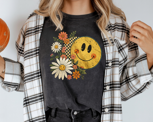 Floral Fall Smiley Face  Mineral Wash